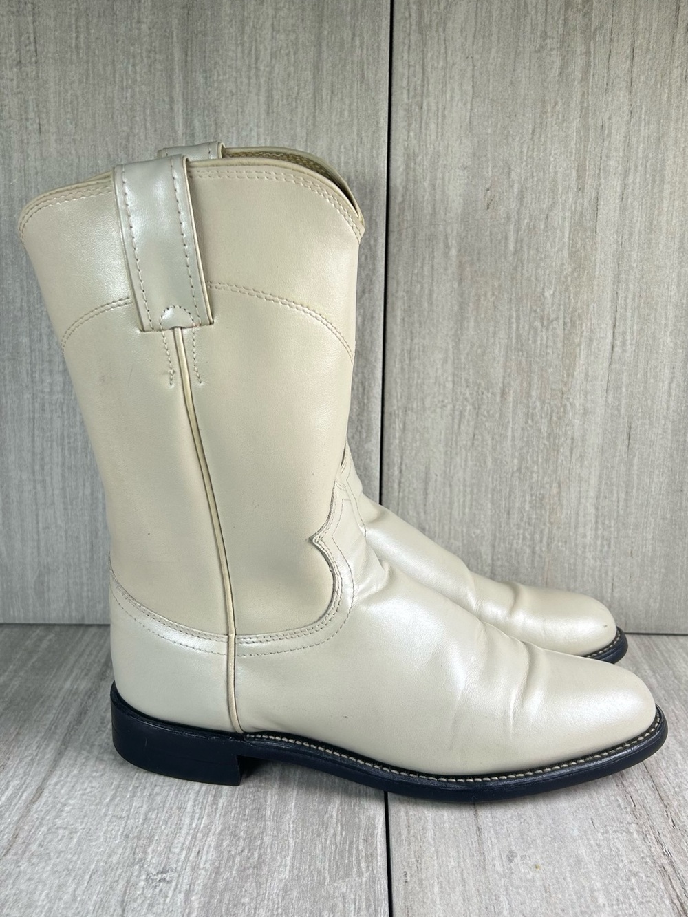 Justin Boots Diamond J Roper Cream Leather Western Cowboy Boots Women's Size 6